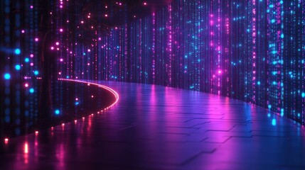 Poster - A vibrant path shines under multicolored lights in an illuminated corridor, creating a futuristic atmosphere