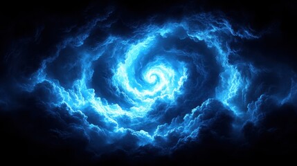 Poster - Bright swirling clouds form a captivating vortex in deep space, showcasing shades of blue against black