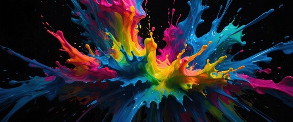 Wall Mural - Colorful splash of liquid paint on dark black background. Vibrant rainbow colors fluid burst header design wallpaper.	