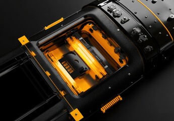 Poster - Close-Up View of Modern Industrial Machinery with Yellow and Black Color Scheme, Showcasing Advanced Engineering and Precision Components in a Dark Setting