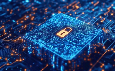 Poster - Futuristic digital security concept showcasing a glowing padlock symbol on a vibrant circuit board background representing cyber protection and data safety in technology