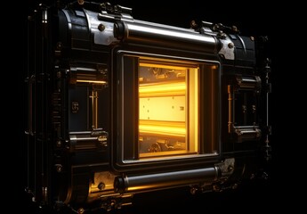 Poster - Futuristic Energy Storage Device with Glowing Interior, Displaying High-Tech Mechanics and Sleek Design Ideal for Science Fiction and Technology Illustrations