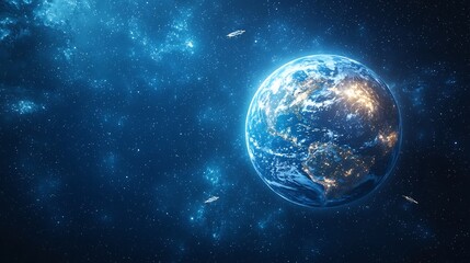 Wall Mural - planet earth shielded by futuristic energy barrier with spacecraft in orbit