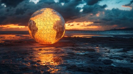 Poster - Earth Puzzle Symbolizing Global Unity and in Surreal Nightscape