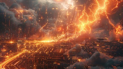 Wall Mural - This photo depicts a striking abstract image of a digital technology background illuminated by multiple lightning strikes