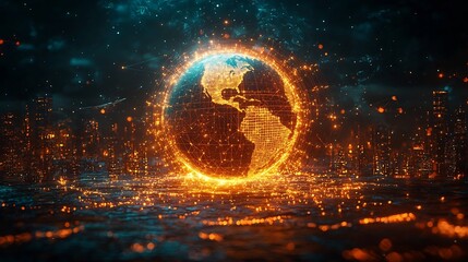 Poster - Futuristic Earth Surrounded by Innovative Floating Technologies Satellites and Glowing Networks
