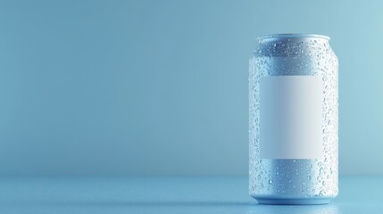 Poster - Refreshing Aluminum Can with Condensation, Blank White Label, Blue Background, Marketing Mockup
