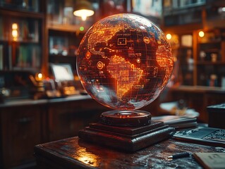 Poster - Holographic Globe with Marketing Icons Representing Global Digital Business Strategies