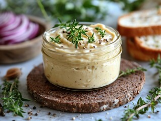 Wall Mural - A creamy dip in a jar, garnished with fresh herbs, accompanied by sliced bread and red onions, set on a rustic surface.