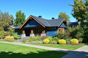 Wall Mural - Craftsman style house blue exterior manicured lawn vibrant green landscaping ornamental trees