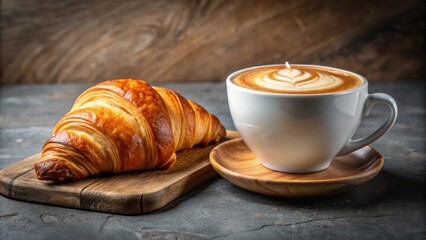 Wall Mural - Freshly baked French croissant with a cappuccino or latte coffee cup topped with milk foam, croissant, French, baked, pastry