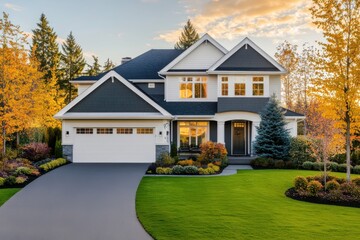 Wall Mural - large modern suburban house white and dark gray exterior two story attached garage