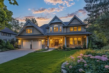 Wall Mural - luxurious suburban home craftsman style architecture twilight exterior warm glowing windows