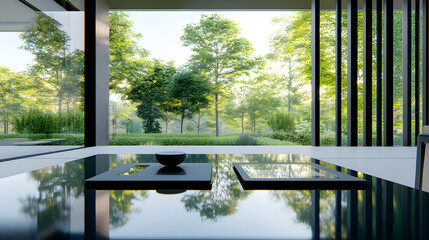 Fototapete - A serene interior view showcasing a modern space with large windows, reflecting greenery and nature outside