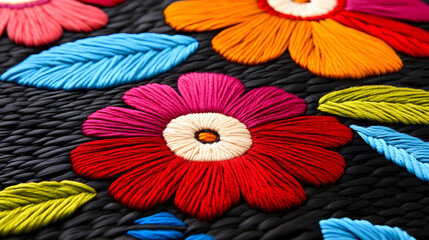 Poster - A vibrant close-up of colorful embroidered flowers and leaves on a dark background, showcasing intricate textile artistry
