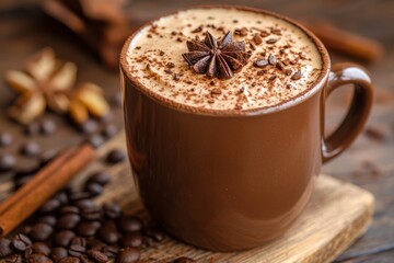 Wall Mural - Coffee dessert in a mug. Sweet drink in a mocha mousse colored cup. Coffee with chocolate chips and milk chocolate mousse.