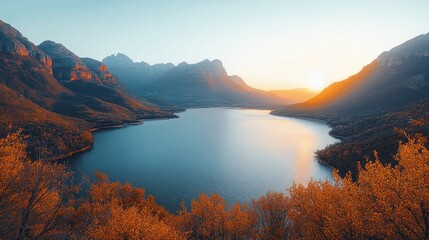 Poster - Serene autumn sunset over a mountain lake.