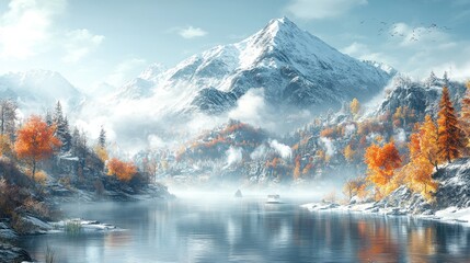 Poster - Serene autumnal lake nestled in snowy mountains.