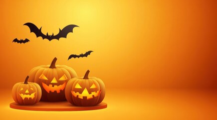 Wall Mural - Halloween podium background with pumpkins and flying bats on an orange pastel-colored background