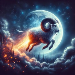 Poster - Aries ram soaring through the air leaving a trail of sparks behi