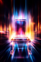 Poster - A glass chair glows with colorful lights, creating a magical atmosphere in a cosmic scene, sparking curiosity
