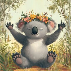 Wall Mural -  Cute koala meditating with a floral crown in a serene forest setting