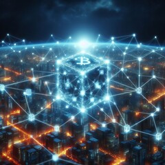 Poster - Blockchain Network A glowing interconnected grid of blocks symbo