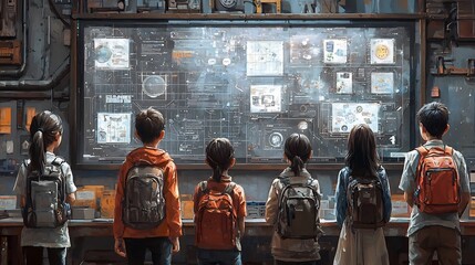 Aufkleber - futuristic classroom with students solving puzzles and exploring educational concepts