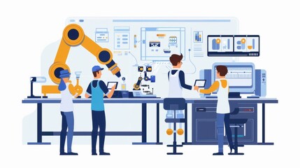 Poster - Engineers using gadgets to connect robot during their teamwork in the laboratory