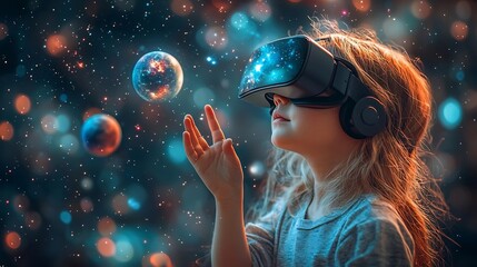 Poster - Child in Virtual Reality Classroom Reaching for Floating Planets Symbolizing Curiosity and Discovery Through Education
