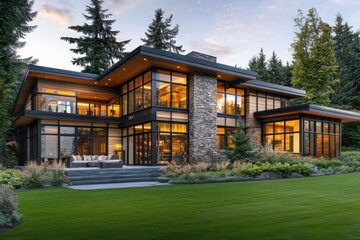 Modern luxury villa expansive windows wood and stone exterior flat roof design prairie style architecture