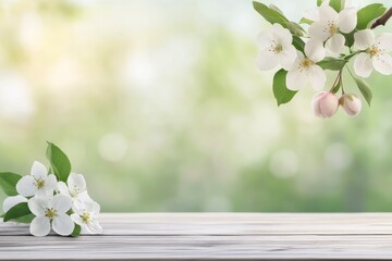 Wall Mural - Blossoming apple flowers and young fruit on a wooden surface in a sunny garden