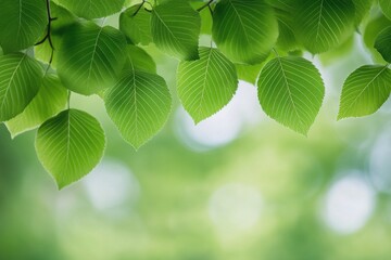 Wall Mural - Green leaves gently hanging from tree branches in a serene natural setting