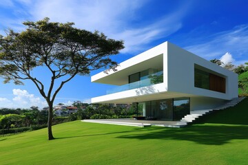 Modern minimalist house white cubic architecture large windows green lawn single tree