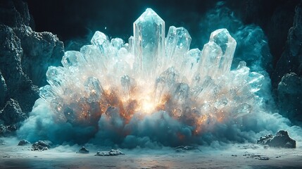 Poster - Glowing Crystal Bomb Exploding into Shards of Radiant Light in Dark Room