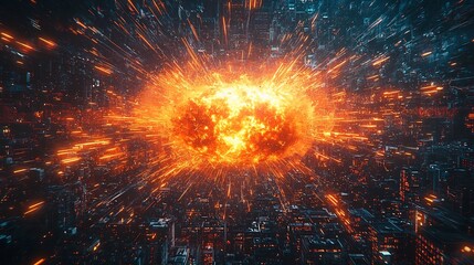 Poster - Explosive Digital Detonation Shattering a City Skyline in a Fiery Burst of Light and Chaos
