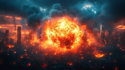 Poster - Explosive Digital Blast Shattering City with Neon Lights and Holograms