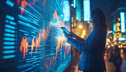 Poster - Businesswoman Analyzing Real-Time Financial Data, Stock Market Charts on Digital Screen