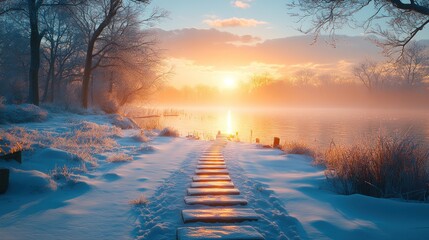 Poster - Sunrise over snowy lake with wooden path.