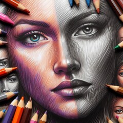 Poster - Crayon Portraits Crayon portraits with digital facial features o