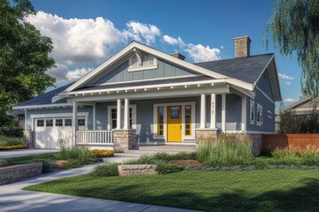 Wall Mural - Charming craftsman bungalow pale gray exterior yellow front door covered front porch