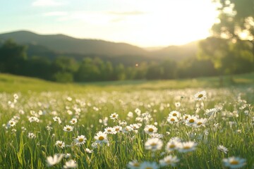 Wall Mural - beautiful wildflower meadow at sunset with sun rays illuminating the landscape