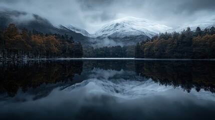 Poster - Serene mountain lake reflection in autumn.