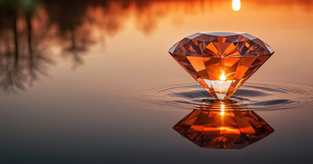 Poster - A stunning diamond-shaped object rests on the calm surface of a body of water. The setting sun casts warm hues, creating beautiful reflections and enhancing the serene ambiance