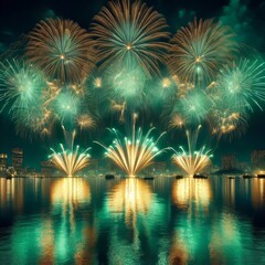 Poster - emerald gold fireworks over water fireworks in green and gold re