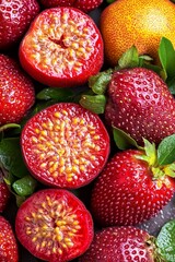 Wall Mural - Red Passion Fruits, Ripe Strawberries, and a Vibrant Orange, A Close Up View on Green Leaves.