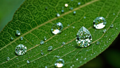 Poster - Dew-covered leaves glisten as sunlight filters through a canopy, enhancing the beauty of the droplets that resemble sparkling gems on the foliage