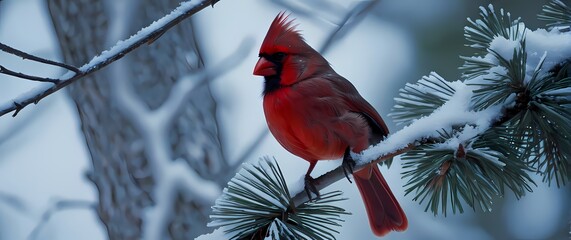 Wall Mural - A cardinal perched on a snow covered pine branch its red feathers vibrant against the white