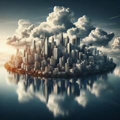 Poster - floating cities combine photos of buildings with clouds and wate