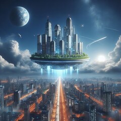 Poster - floating city a city that floats in the air supported by advance